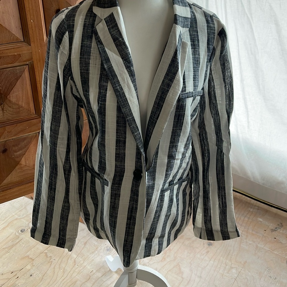 Free People Black and White Striped Linen Blend Blazer